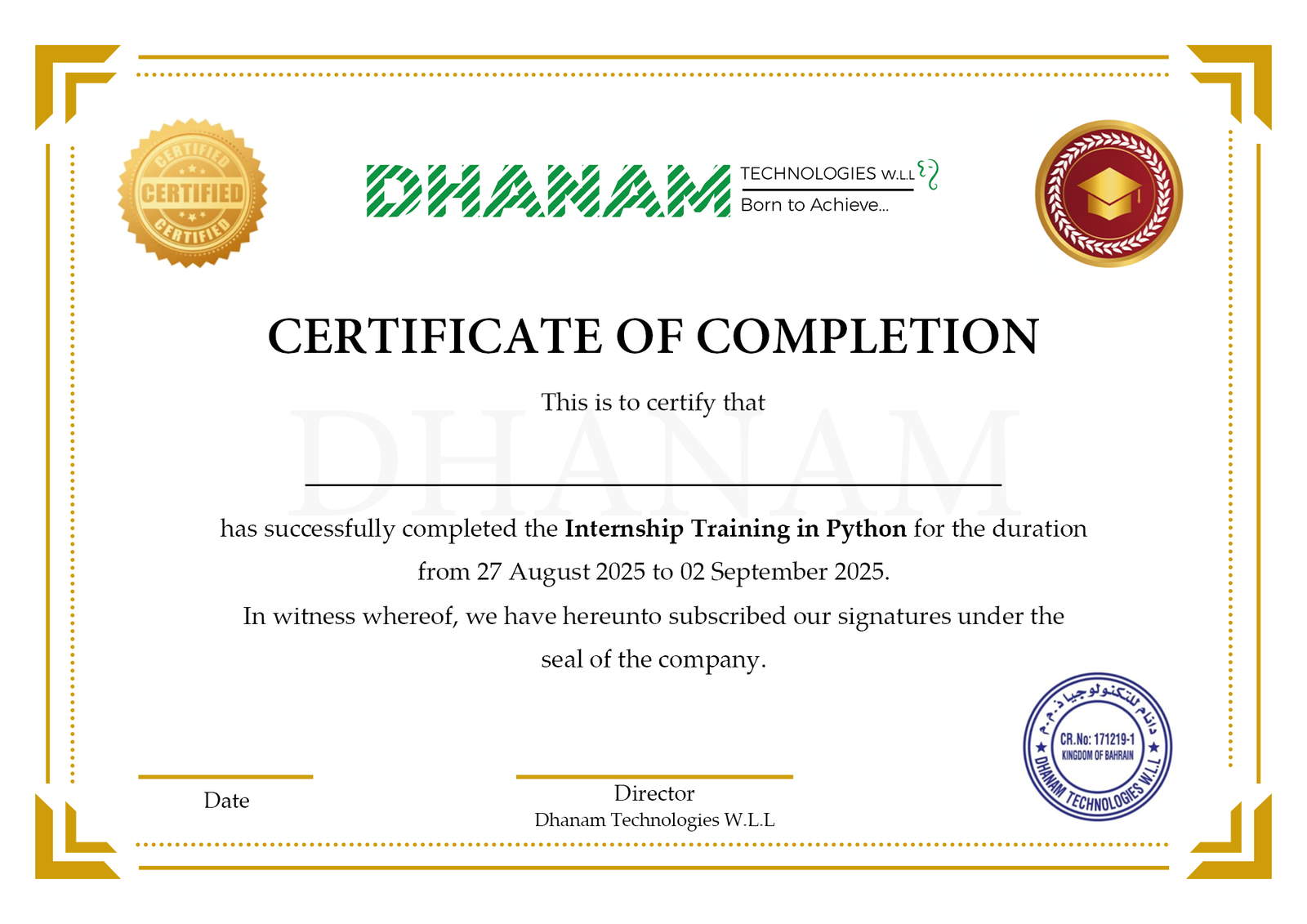 Bahrain Internship Certificate